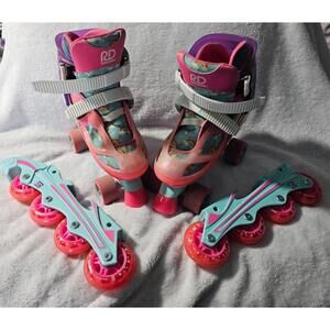 Girl's Rd Roller Derby Skates 2 In 1 Adjustable Unicorns & Rainbows Size 3-6